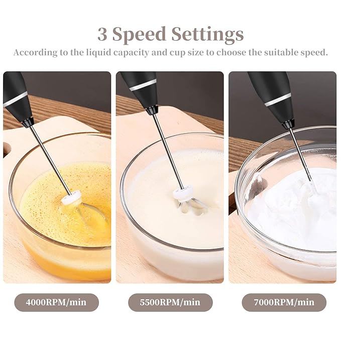Milk Frother, USB Rechargeable Handheld Electric Foam Maker with 3 Stainless Whisks, 3-Speed Adjustable, Bulletproof Coffee, Lattes, Cappuccino,