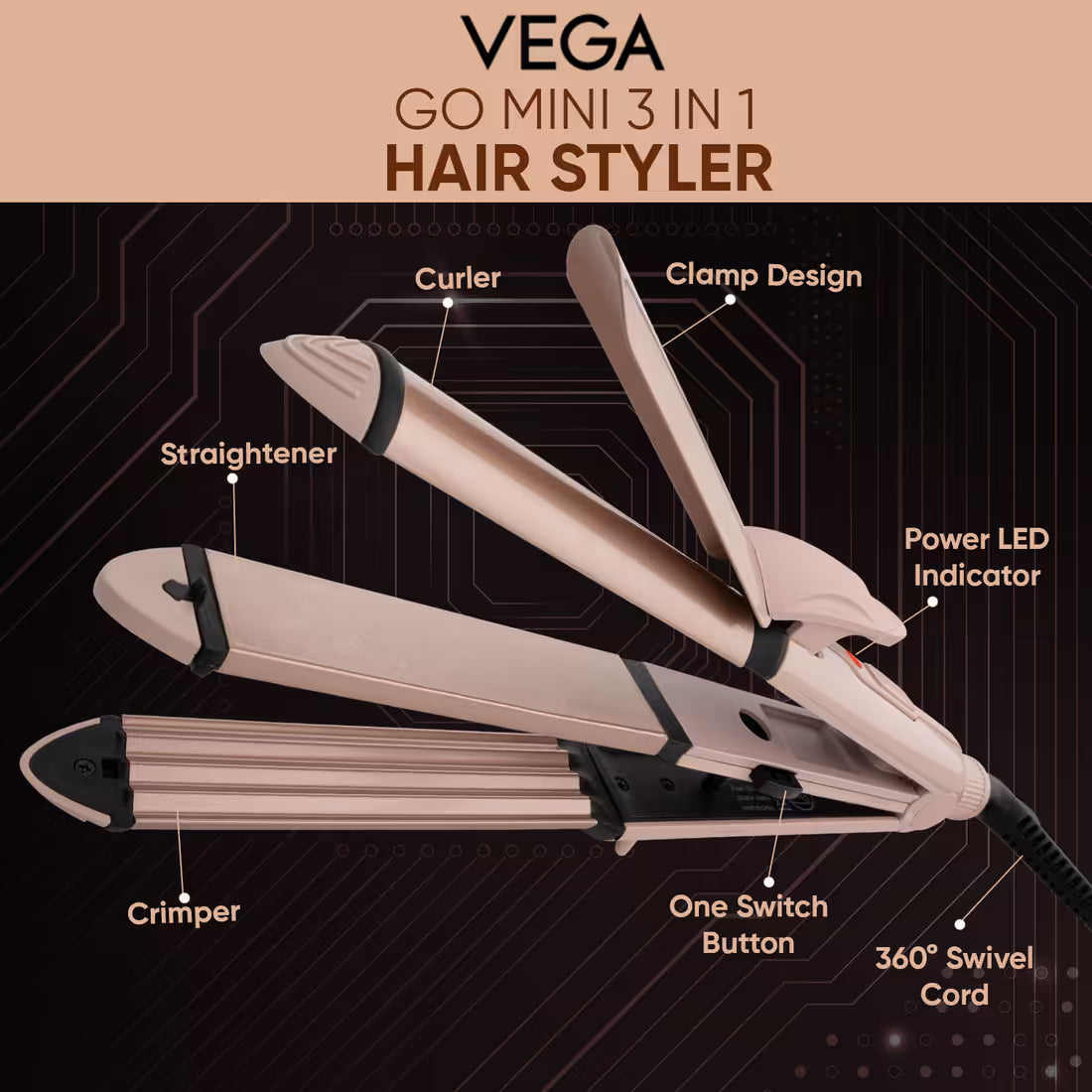 Vega Mini 3 in 1 Hair Styler - Mini Hair Straightener, Crimper & Curler for Women